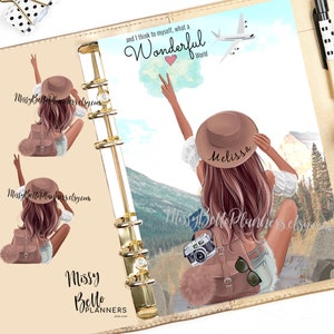 May include: A digital planner page featuring a cartoon woman with brown hair wearing a brown hat and a white shirt. She is sitting on a mountain with a backpack and a camera. The text "and I think to myself, what a Wonderful World" is written on a blue cloud above her.