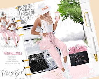 May include: A digital planner cover featuring a woman in a pink outfit and a white hat, sitting on a car with a shopping bag that says "You Glow Girl".