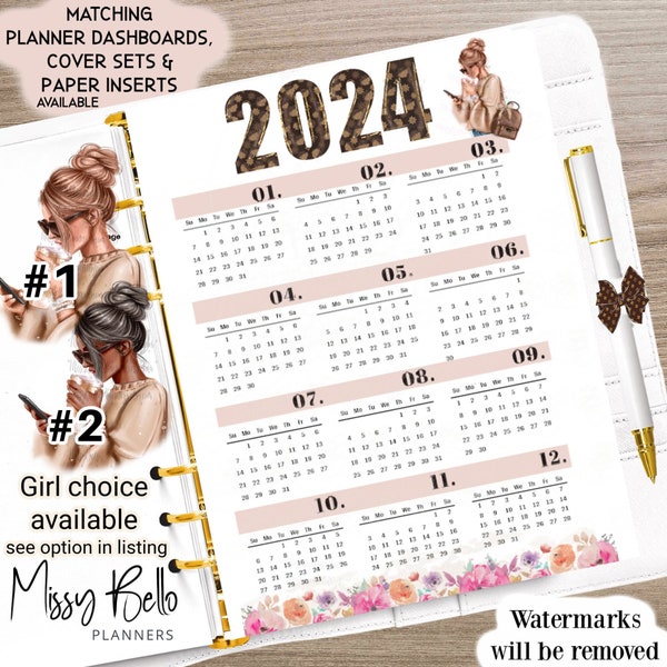 PRINTED 2024 Year At A Glance Dashboard Insert for Your Agenda, PM, MM, A5, A6, Mini, Personal, Binder, Half Page