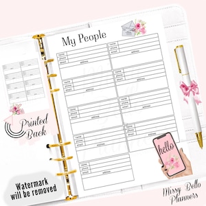 May include: A printable planner page with the title "My People" and spaces to write names, phone numbers, email addresses, and addresses. The page is designed for a standard size planner and has a gold ring binder.