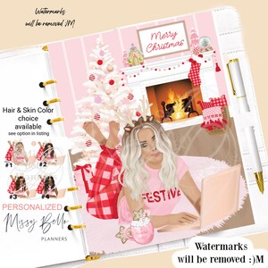 May include: A digital planner cover featuring a woman in pink pajamas with a red and white plaid pattern, wearing reindeer antlers, sitting in front of a fireplace with a Christmas tree and a laptop. The text "Merry Christmas" and "Festive" are visible on the cover.