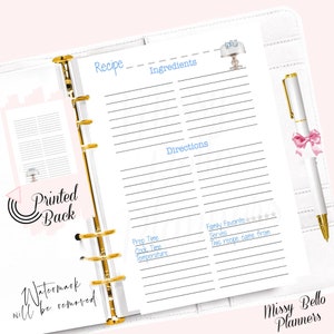 Recipe PRINTED Baking Notes Planner Inserts Pages | A5 | Personal Size || Mini | Refills