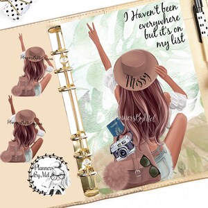 May include: A digital planner page with a watercolor background featuring a woman with brown hair wearing a brown hat and a white shirt. The woman is holding up two fingers in a peace sign. The text "I Haven't been everywhere but it's on my list" is written in black on the page.