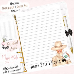 May include: A lined planner insert featuring a gold-tone ring binder mechanism. The page displays an illustration of a person wearing a beige hat and sweater, holding a coffee cup, with the text "DUMB SHIT I GOTTA DO" printed below.