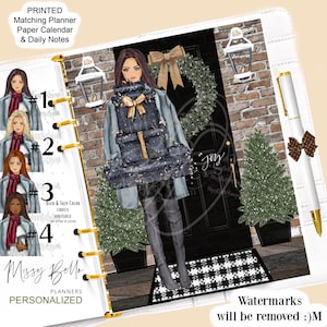 May include: A digital planner cover featuring a woman in a blue denim jacket holding a stack of wrapped gifts in front of a black door with a wreath and a lantern. The text "Joy" is written on the door. The planner cover is white with the text "PRINTED Matching Planner Paper Calendar & Daily Notes" at the top and "Missy Bello PLANNERS PERSONALIZED" at the bottom.