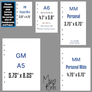 May include: A set of white planner inserts with punched holes, labelled with sizes: PM Pocket Mini 3.25" x 4.75", A6 4.1" x 5.8", MM Personal 3.75" x 6.75", GM A5 5.75" x 8.25", and MM Personal Wide 4.75" x 6.75". Includes text: Please measure your current inserts.