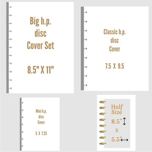 May include: Four different sizes of disc bound notebooks with white covers and black binding. The sizes are 8.5 inches by 11 inches, 7.5 inches by 9.5 inches, 5 inches by 7.25 inches, and 8.5 inches by 5.5 inches.
