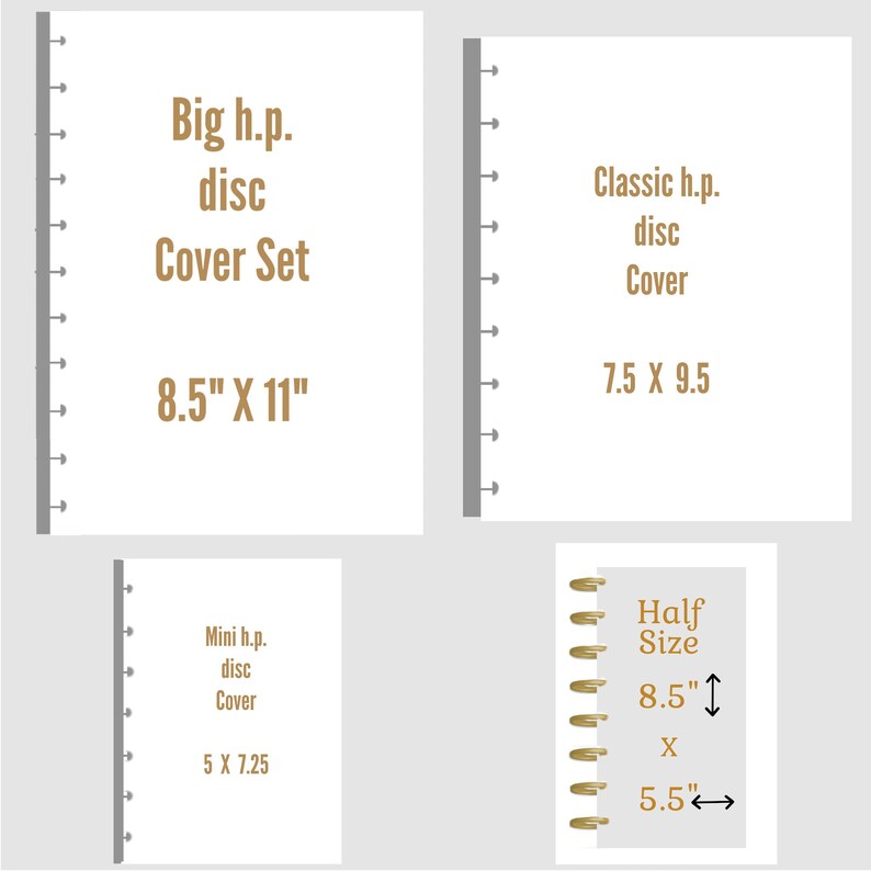 May include: Four different sizes of disc bound notebooks with white covers and black binding. The sizes are 8.5 inches by 11 inches, 7.5 inches by 9.5 inches, 5 inches by 7.25 inches, and 8.5 inches by 5.5 inches.