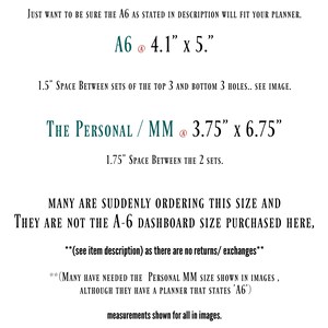 May include: Text explaining the difference between A6 and Personal/MM sizes for planners. The A6 size is 4.1 inches by 5 inches, while the Personal/MM size is 3.75 inches by 6.75 inches. The text also mentions that many people are ordering the Personal/MM size instead of the A6 size.
