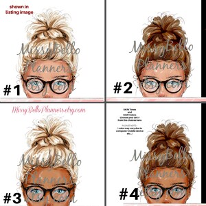 K&ouml;nnte beinhalten: Vier digitale Illustrationen einer Frau mit Brille und einem Dutt. Die Frau hat verschiedene Hautt&ouml;ne und Haarfarben. Die Illustrationen sind von 1 bis 4 nummeriert. Der Text "Missy Bello Planners.etsy.com" erscheint am unteren Rand des Bildes.