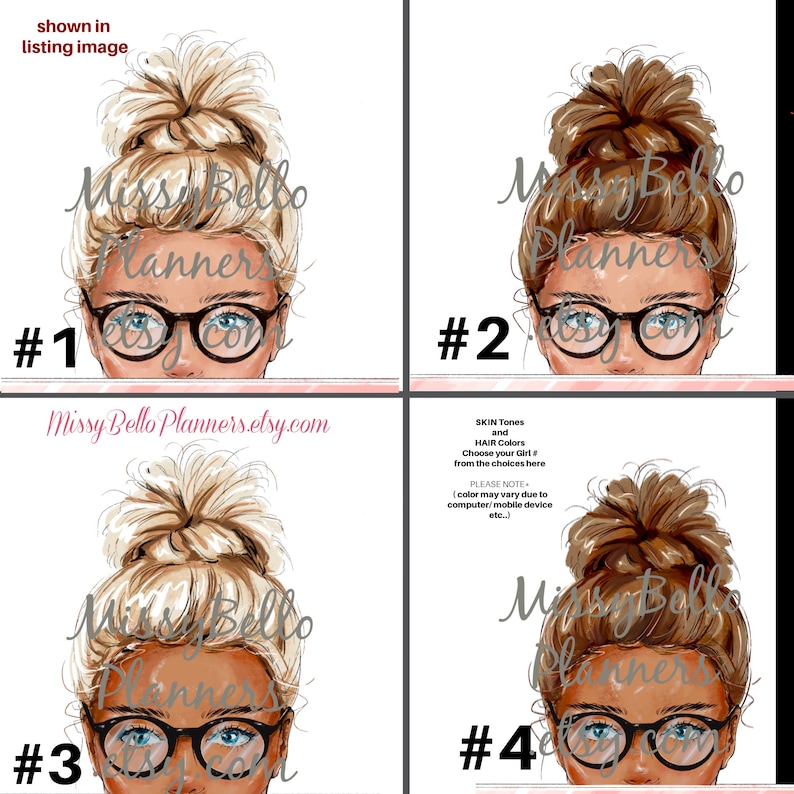 K&ouml;nnte beinhalten: Vier digitale Illustrationen einer Frau mit Brille und einem Dutt. Die Frau hat verschiedene Hautt&ouml;ne und Haarfarben. Die Illustrationen sind von 1 bis 4 nummeriert. Der Text "Missy Bello Planners.etsy.com" erscheint am unteren Rand des Bildes.