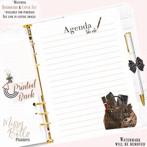 May include: A white lined planner page with gold rings on the left side. The text Agenda take note is printed at the top. A white pen with a black bow clip is on the right. A brown patterned handbag graphic is at the bottom right corner.