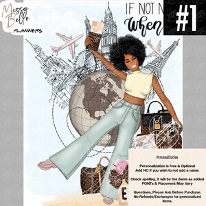 May include: A digital illustration featuring a person with dark curly hair wearing a cream sleeveless top and light blue flared jeans. The background includes a globe, airplanes, and landmarks like Big Ben and the Eiffel Tower. Two brown patterned handbags are visible.