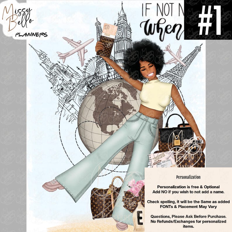 May include: A digital illustration featuring a person with dark curly hair wearing a cream sleeveless top and light blue flared jeans. The background includes a globe, airplanes, and landmarks like Big Ben and the Eiffel Tower. Two brown patterned handbags are visible.