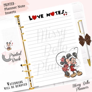 May include: A white planner with gold rings and a lined page. The page has the text "LOVE NOTES" in black with red hearts. A cartoon image of Mickey Mouse and Minnie Mouse kissing is in the bottom right corner. The text "Missy Bello Planners" is at the bottom of the page.