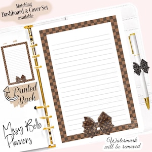 May include: A white planner page with a brown and white checkered border. The page has lined paper and a brown bow with the text "Missy Bello Planners" on it. The text "Watermark will be removed" is at the bottom of the page.