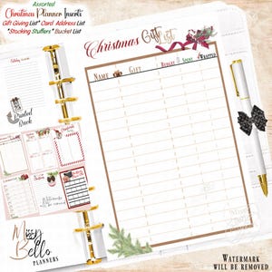 May include: A Christmas gift list planner insert featuring a brown border, green pine branch accents, and a red bow graphic. The page includes columns for Name, Gift, Budget, Spent, and Wrapped. A white pen with a black bow clip is attached.