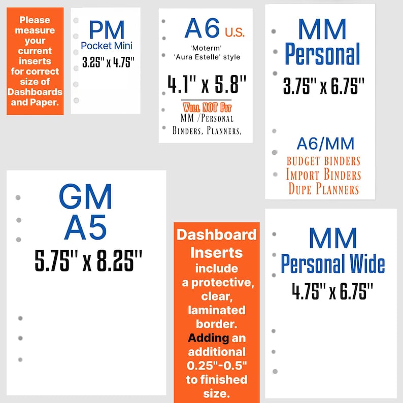 May include: A size reference chart for planner inserts featuring white sheets with blue and black text. Labels include PM Pocket Mini 3.25" x 4.75", A6 U.S. 4.1" x 5.8", MM Personal 3.75" x 6.75", GM A5 5.75" x 8.25", and MM Personal Wide 4.75" x 6.75".