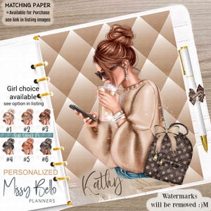 May include: A personalised planner cover featuring an illustration of a person with a brown hair bun, sunglasses, and a beige sweater, holding a smartphone and a cup. The design includes a brown and white diamond pattern, a backpack, and the name Kathy.