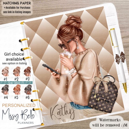 Modieus meisje, luxe stijl, gepersonaliseerd, dashboard-inzetstuk of omslag, om toe te voegen aan je planner/agenda, PM, MM, GM, A5, A6, halve pagina, disc