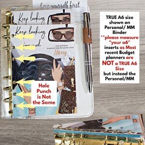 May include: A white personal size planner with gold rings. The planner has a colorful illustration of a woman driving a car with the text "Keep looking forward" and "Hole Punch is Not the Same". The text "TRUE A6 size shown on Personal/MM Binder *please measure "your a6" inserts as Most recent Budget planners are NOT a TRUE A6 Size but instead the Personal/MM" is also visible.