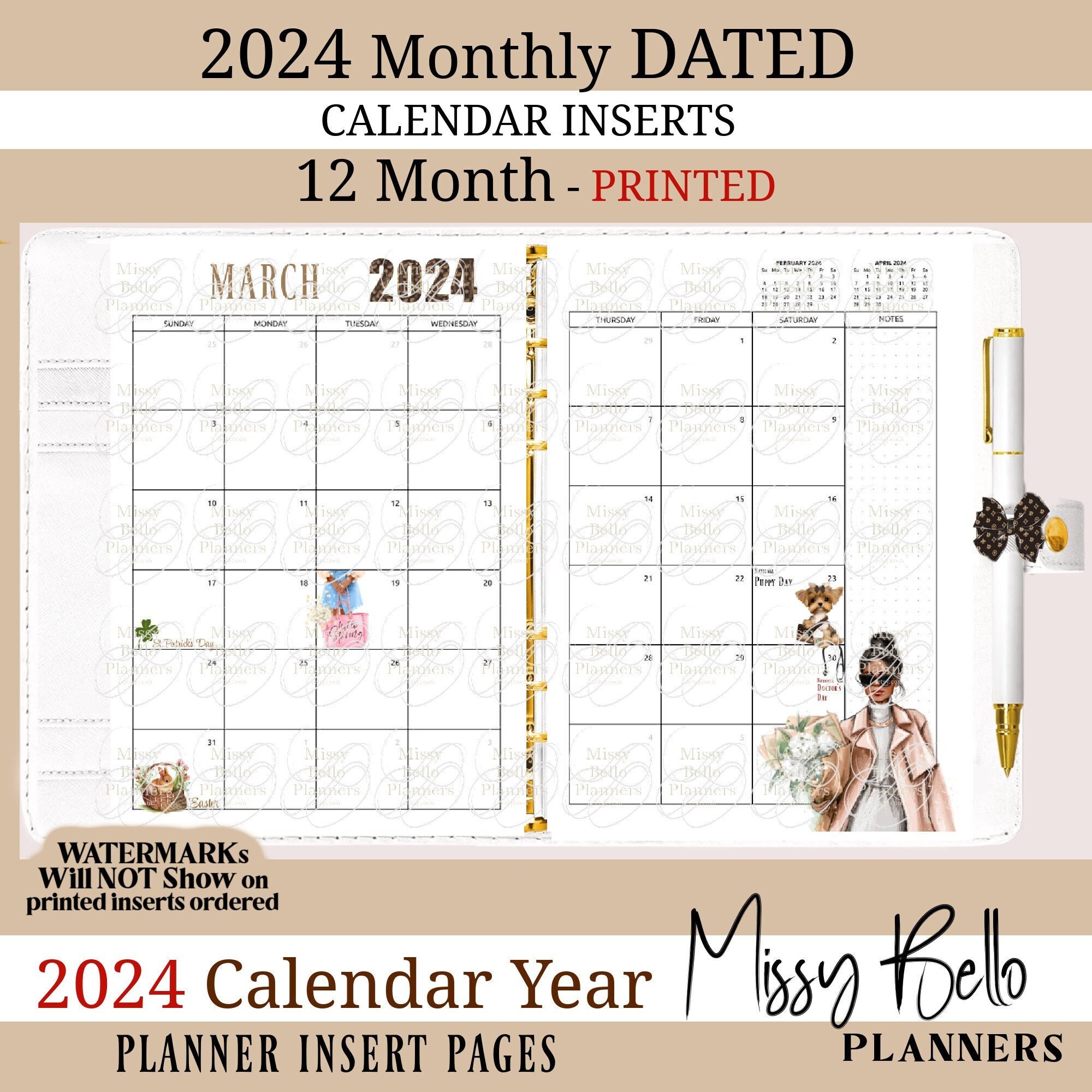 2023 or 2024 TABBED Calendar fits Louis Vuitton Agenda All Szs Bundle:  PM*MM*GM