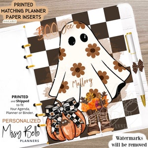 May include: A personalized planner insert with a Halloween theme. The design features a ghost with floral accents, a pumpkin with a bow, and fall foliage. The text includes "Boo-Jee" and "Mallory".