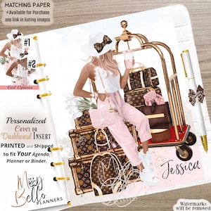 May include: A personalized planner dashboard insert featuring an illustration of a person in a white hat and pink outfit sitting on stacked brown patterned luggage next to a gold luggage cart. The text reads Missy Bello Planners and Jessica.