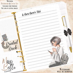May include: A planner insert page with gold rings featuring the text & then there's 'this' at the top. The page includes a graphic of a person with short hair holding a phone and a cup, a side notepad with a printed back, and a white pen with a black bow.