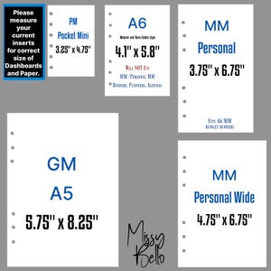 K&ouml;nnte beinhalten: Ein Set wei&szlig;er Planer-Einlagen mit Lochung, beschriftet mit den Ma&szlig;en: PM Pocket Mini 3,25" x 4,75", A6 4,1" x 5,8", MM Personal 3,75" x 6,75", GM A5 5,75" x 8,25" und MM Personal Wide 4,75" x 6,75". Enth&auml;lt Text: Please measure your current inserts.