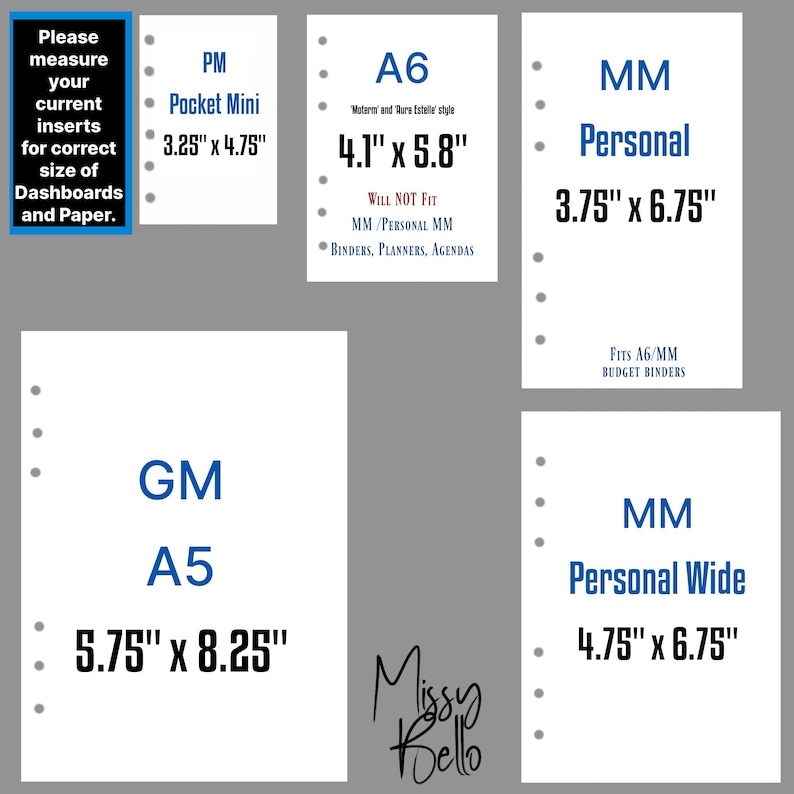 K&ouml;nnte beinhalten: Ein Set wei&szlig;er Planer-Einlagen mit Lochung, beschriftet mit den Ma&szlig;en: PM Pocket Mini 3,25" x 4,75", A6 4,1" x 5,8", MM Personal 3,75" x 6,75", GM A5 5,75" x 8,25" und MM Personal Wide 4,75" x 6,75". Enth&auml;lt Text: Please measure your current inserts.