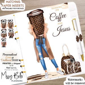 May include: A digital planner cover featuring a woman holding a coffee cup with a brown and gold patterned design. The text "Running on Coffee and Jesus" is written in black on a white background. The cover is designed for a personal planner or agenda.