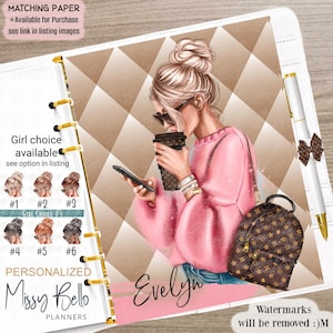 May include: A personalized planner page featuring an illustration of a person with a high bun, sunglasses, and a pink sweater holding a coffee cup and smartphone. The background has a beige diamond pattern, a brown patterned backpack, and the name Evelyn.