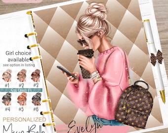 Luxuriöser Fashion-Girl-Stil, personalisiert, als Einlage oder Umschlag, passend für Ihren Planer/Ihre Agenda (PM, MM, GM, A5, A6, Halbseite, Disc).