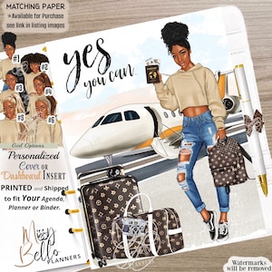 May include: A personalized planner dashboard insert featuring an illustration of a person with dark skin and curly hair holding a passport in front of a private jet. The design includes luggage with a brown monogram pattern, blue jeans, and text.