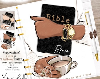 May include: A planner dashboard insert featuring a black Bible with the name Renea printed in white, a hand wearing a gold watch, and a hand holding a white coffee cup. The design includes the text Bible, Renea, and Jesus loves me, this I know.