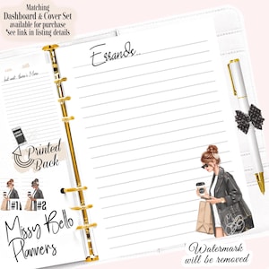 May include: A white planner with gold rings and a lined page. The page has the word "Errands..." written at the top. The planner has a sticker on the front that says "Missy Bello Planners".