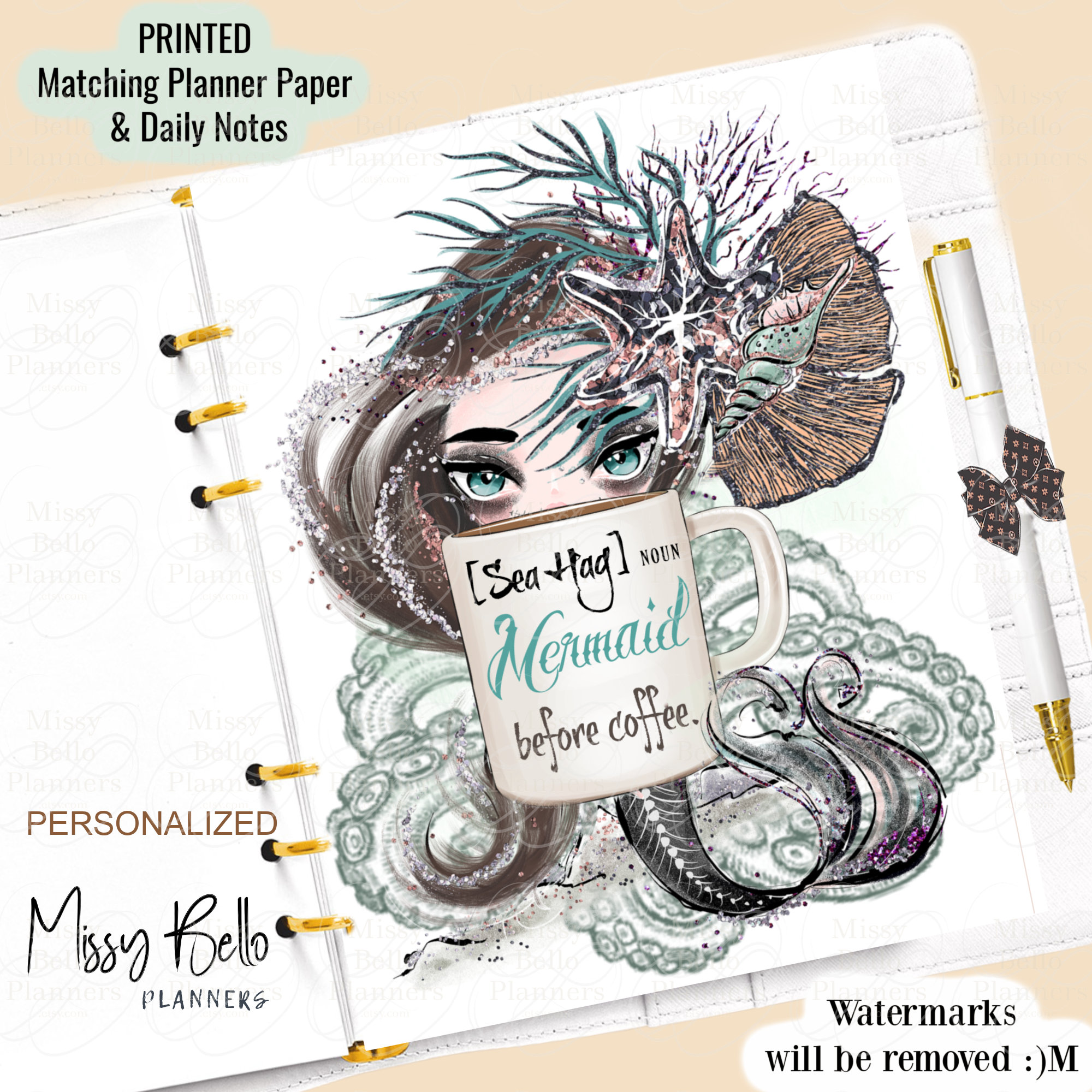 Mermaid coffee first cute Planner Dashboard insert or Cover Set for your PM MM GM, A5, A6, Half Page, Designer Agenda, Happy Planner & More