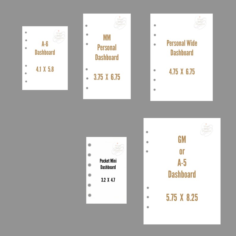 May include: A set of five printable planner dashboard templates in various sizes. The templates are designed for use with a personal planner and include the text "A-6 Dashboard", "MM Personal Dashboard", "Personal Wide Dashboard", "Pocket Mini Dashboard", and "GM or A-5 Dashboard".