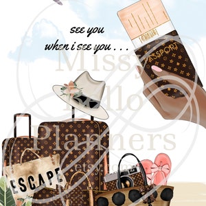 May include: A brown and black luggage set with the text "ESCAPE" on one of the bags. The luggage is surrounded by other travel accessories, including a straw hat, a passport, a camera, and a straw tote bag with the text "going places".