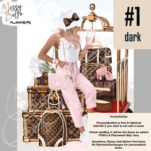 May include: A digital illustration of a person wearing a white hat with a brown patterned bow, a white top, and light pink trousers. The person holds a pink cup and a pink cat-shaped purse. Behind are stacked brown patterned suitcases and a gold luggage cart.