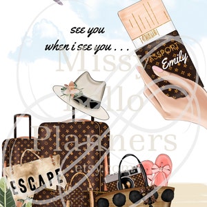 May include: A brown and tan suitcase with a monogram pattern and the word "ESCAPE" printed on it. There is a brown and tan hat, a brown and tan tote bag with the words "going places" printed on it, a brown and tan camera, and a pair of pink flip flops. The text "see you when i see you... Miss" is written on the image. The text "PASSPORT Emily" is written on a brown and tan passport.