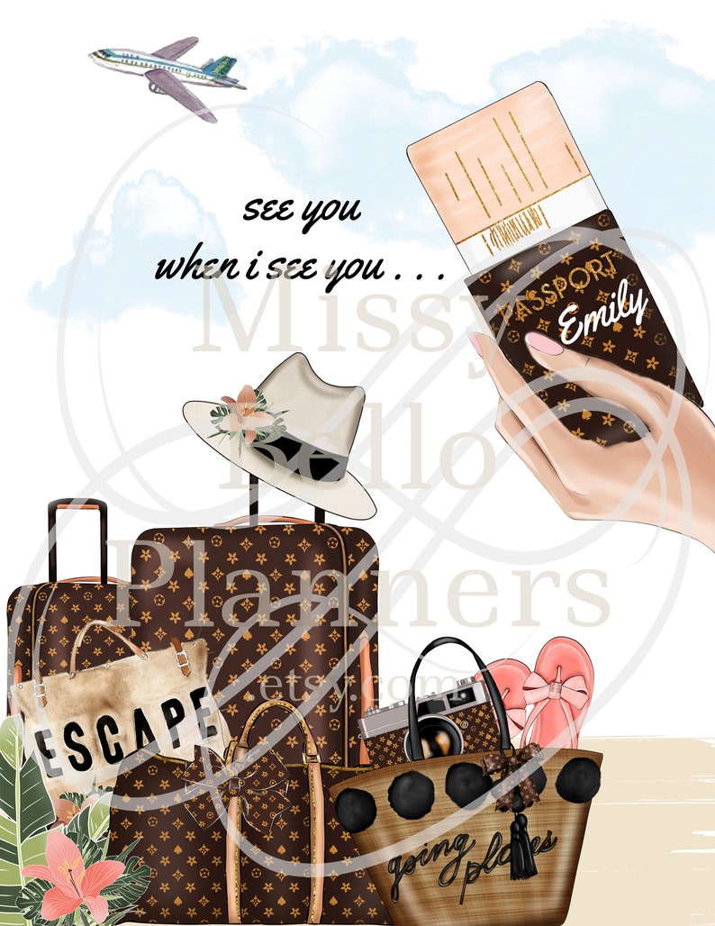 May include: A brown and tan suitcase with a monogram pattern and the word "ESCAPE" printed on it. There is a brown and tan hat, a brown and tan tote bag with the words "going places" printed on it, a brown and tan camera, and a pair of pink flip flops. The text "see you when i see you... Miss" is written on the image. The text "PASSPORT Emily" is written on a brown and tan passport.