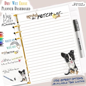 Pode incluir: Um painel de planeamento com uma página pautada e uma secção para notas. As palavras "Dry/Wet Erase Planner Dashboard" estão no topo. O lado esquerdo tem uma secção para notas e uma ilustração de border collie. Inclui um marcador apagável a húmido.