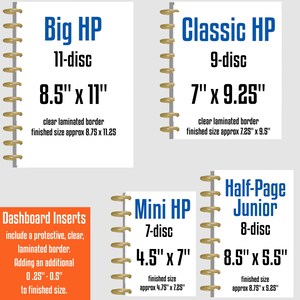 May include: A chart displaying four disc-bound planner sizes: Big HP 11-disc 8.5" x 11", Classic HP 9-disc 7" x 9.25", Mini HP 7-disc 4.5" x 7", and Half-Page Junior 8-disc 8.5" x 5.5". Each includes clear laminated border specifications.