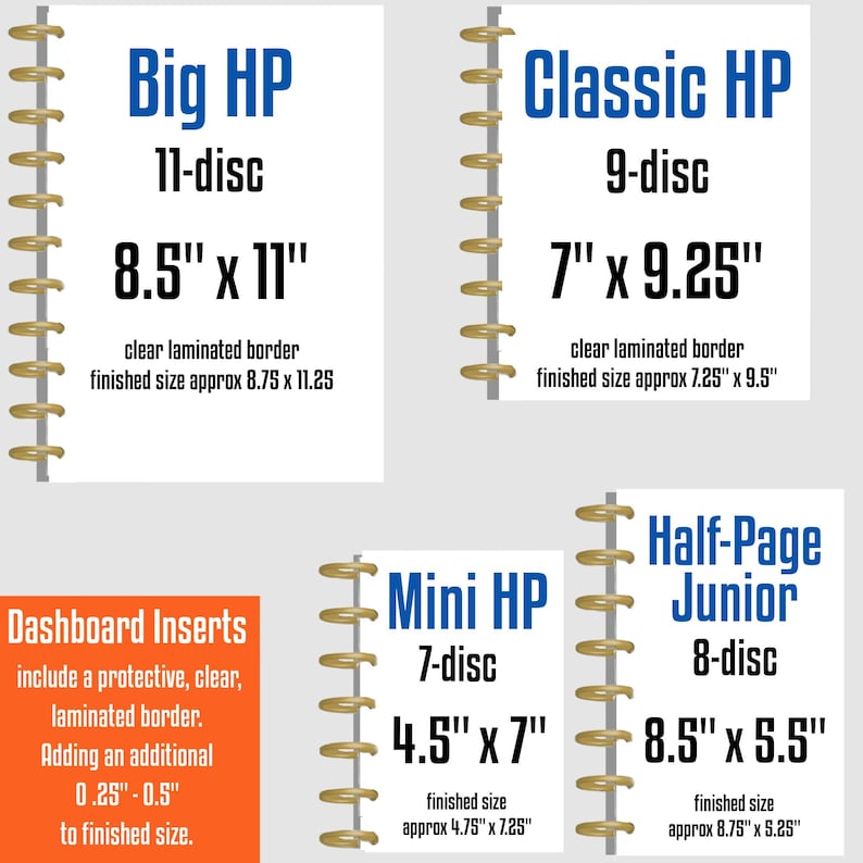 May include: A chart displaying four disc-bound planner sizes: Big HP 11-disc 8.5" x 11", Classic HP 9-disc 7" x 9.25", Mini HP 7-disc 4.5" x 7", and Half-Page Junior 8-disc 8.5" x 5.5". Each includes clear laminated border specifications.