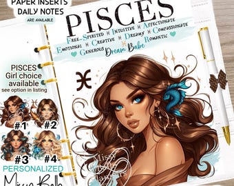 Op de afbeelding: Een witte plannerhoes met een kleurrijke illustratie van een vrouw met lang bruin haar en blauwe ogen. De tekst "PISCES" staat in het zwart bovenaan de hoes. De tekst "FREE-SPIRITED * INTUITIVE * AFFECTIONATE" staat in het zwart onder het woord "PISCES". De tekst "EMOTIONAL * CREATIVE * DREAMY * COMPASSIONATE" staat in het zwart onder de vorige tekst. De tekst "GENEROUS Dream Babe ROMANTIC" staat in het zwart onder de vorige tekst. De tekst "Watermarks will be removed" staat in het zwart onderaan de hoes.