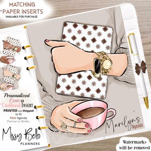 May include: A planner dashboard insert featuring an illustration of hands holding a notebook with a brown floral pattern and a pink coffee cup. The design includes a gold watch, a white pen with a brown bow, and the text Missy Bello Planners.