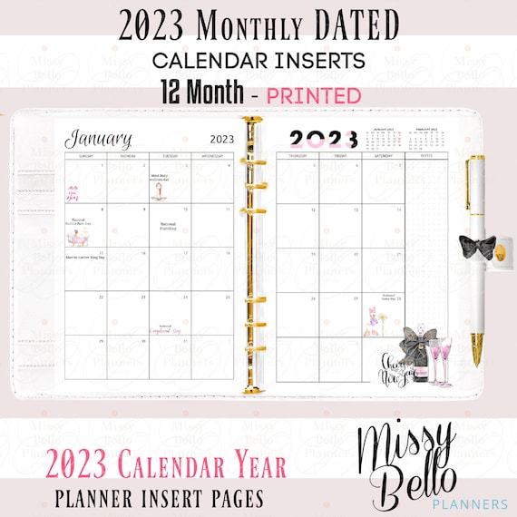 PRINTED Month Dated 2023 Calendar Pages Planner Inserts 