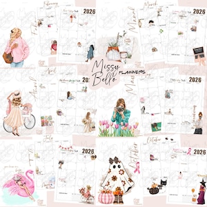 Op de afbeelding: Een verzameling maandelijkse plannerpagina's voor 2026 met aquarel illustraties. Elke maand heeft een ander thema, waaronder mode, fotografie en seizoensgebonden elementen. Het logo "Missy Bello Planners" is zichtbaar.